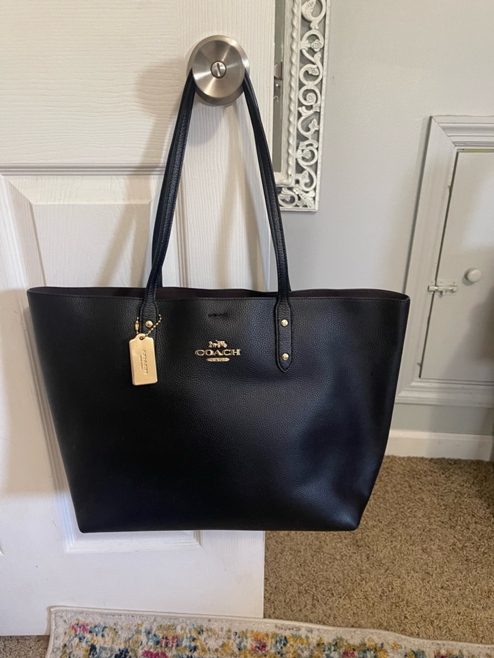 Coach Black Leather Tote with Gold Logo